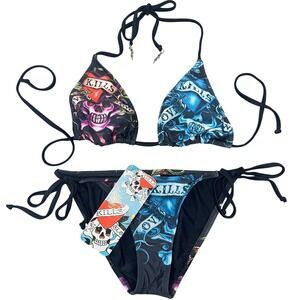 Ed Hardy Vintage Y2K Rare Black Bikini Love Kills Slowly Skull Goth McBling NWT